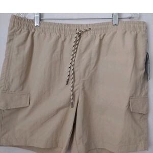 Men Lg Original Use Beige Elastic Waist Drawstring Cargo Shorts 6" Inseam
